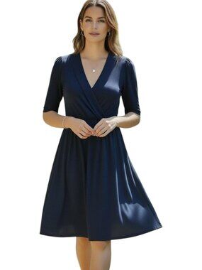 ✨ BODEN Navy Shawl Collar Empire Waist Dress 12L Long Pockets EUC 👗